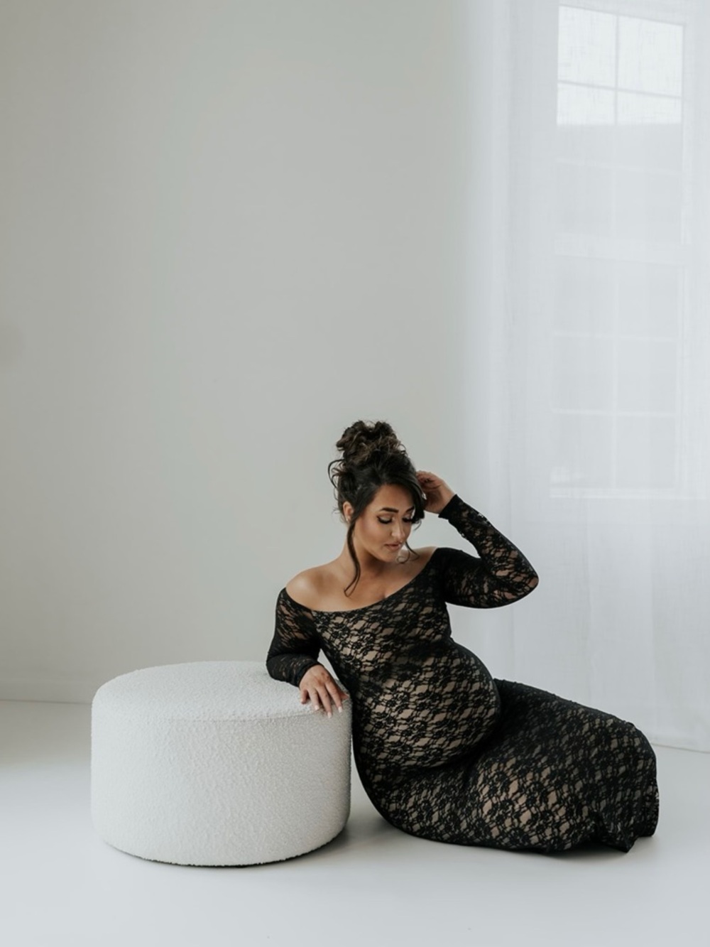Bumpsuit Off-Shoulder Black Lace Chemise with Nude Lining Maternity Dress